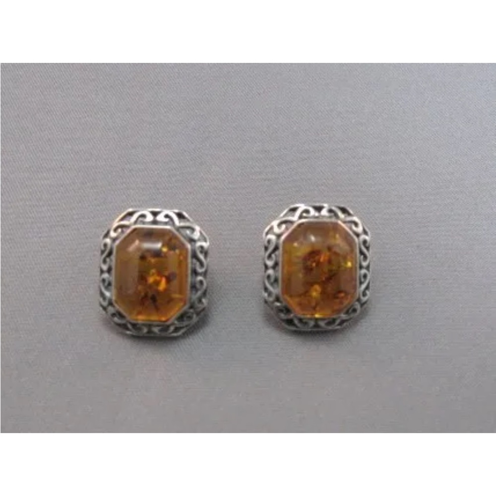 Medium Rectangle Sterling Silver Amber Post Earri… - image 7